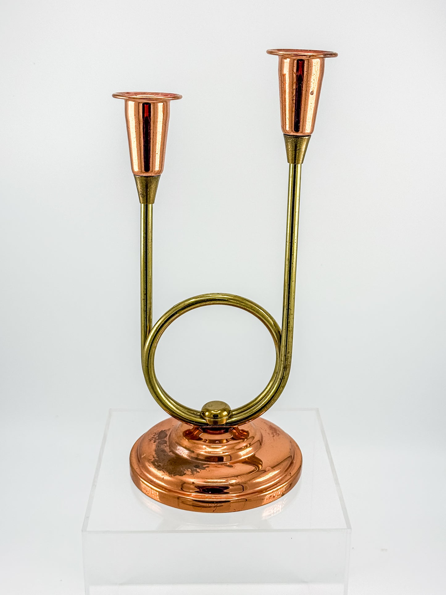 Coppercraft Guild Double Candlestick Holder in Brass and Copper, Mid-Century French Horn Design