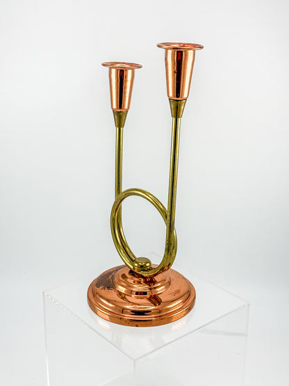 Coppercraft Guild Double Candlestick Holder in Brass and Copper, Mid-Century French Horn Design