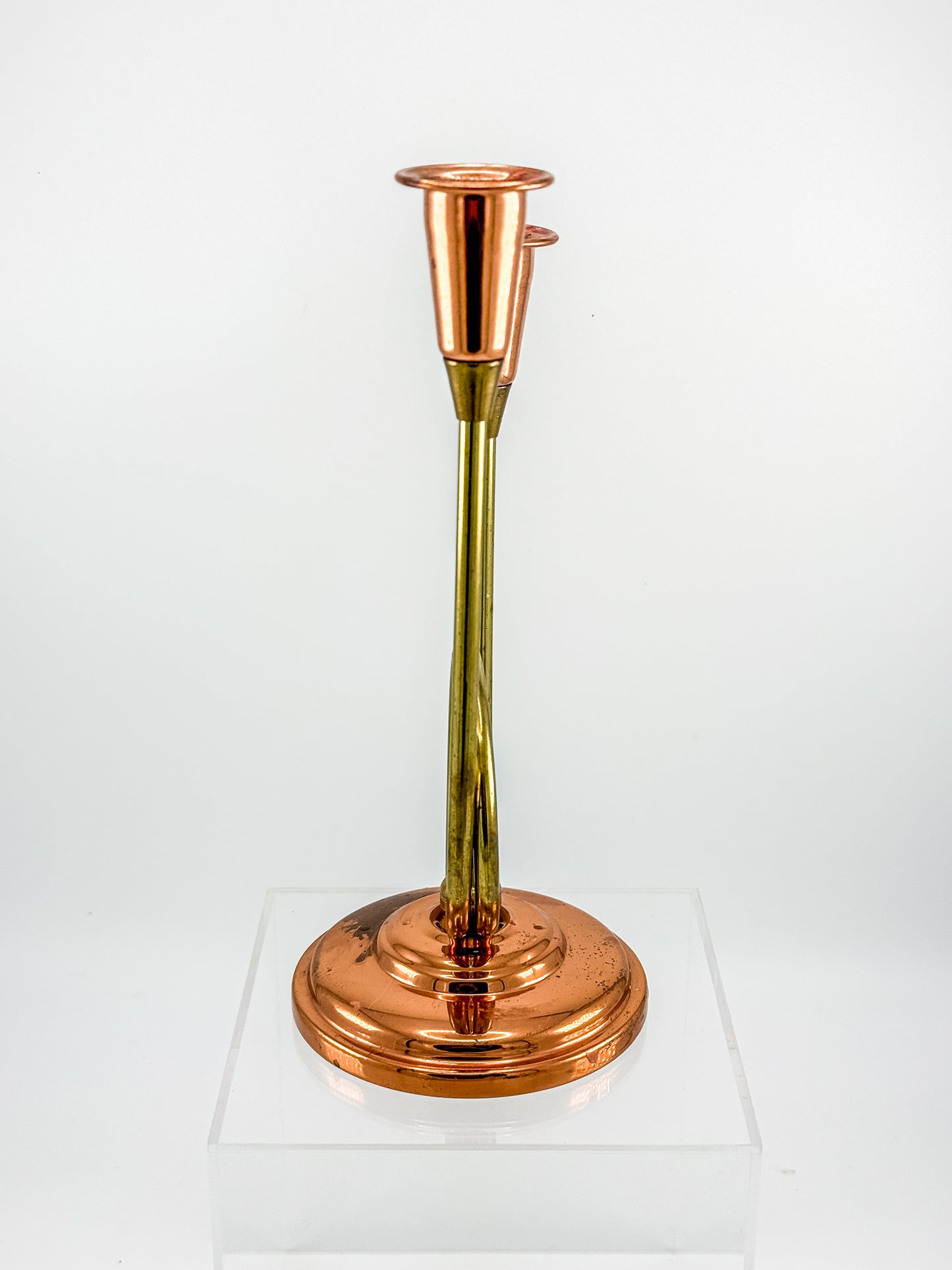 Coppercraft Guild Double Candlestick Holder in Brass and Copper, Mid-Century French Horn Design