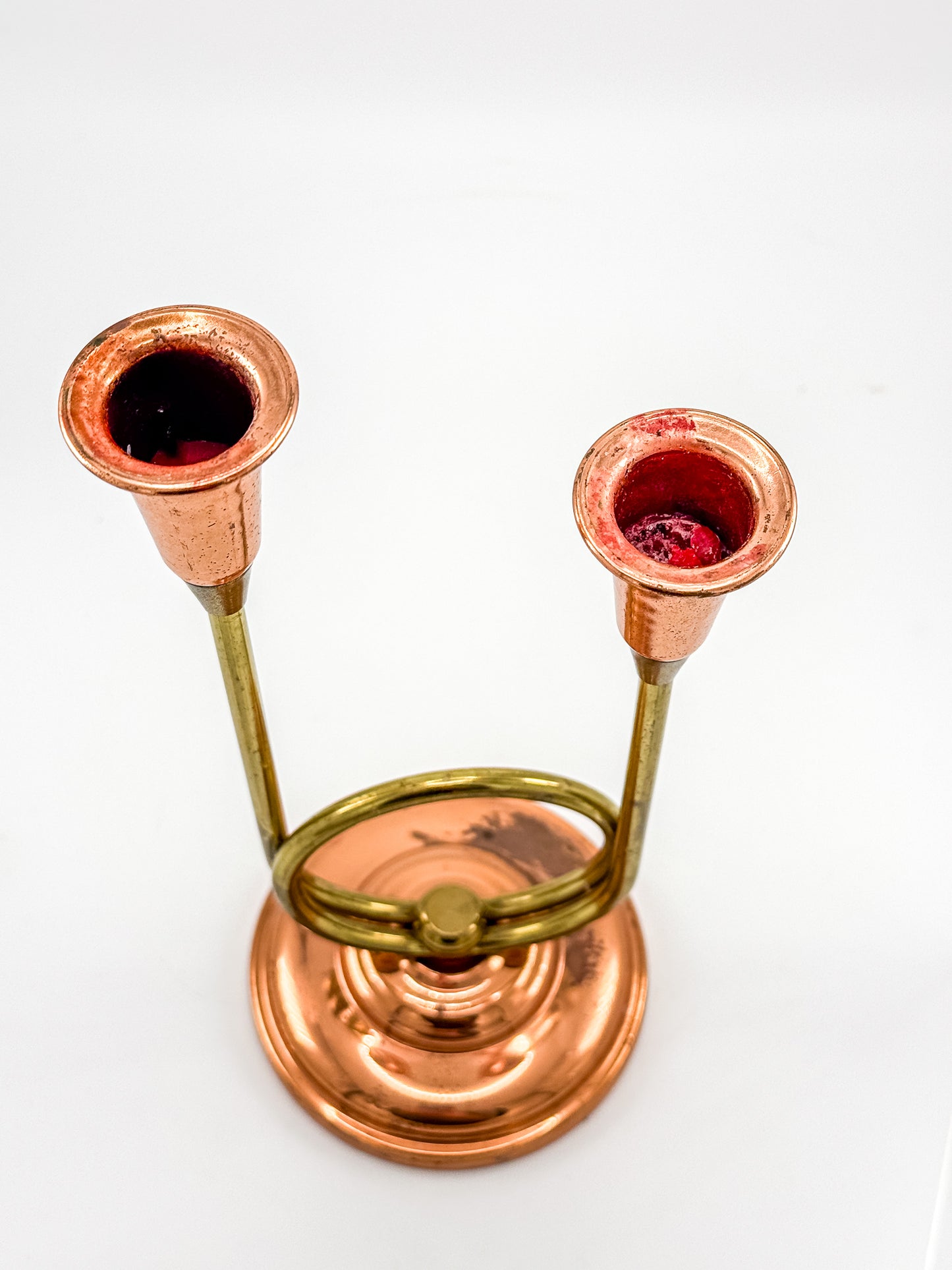 Coppercraft Guild Double Candlestick Holder in Brass and Copper, Mid-Century French Horn Design