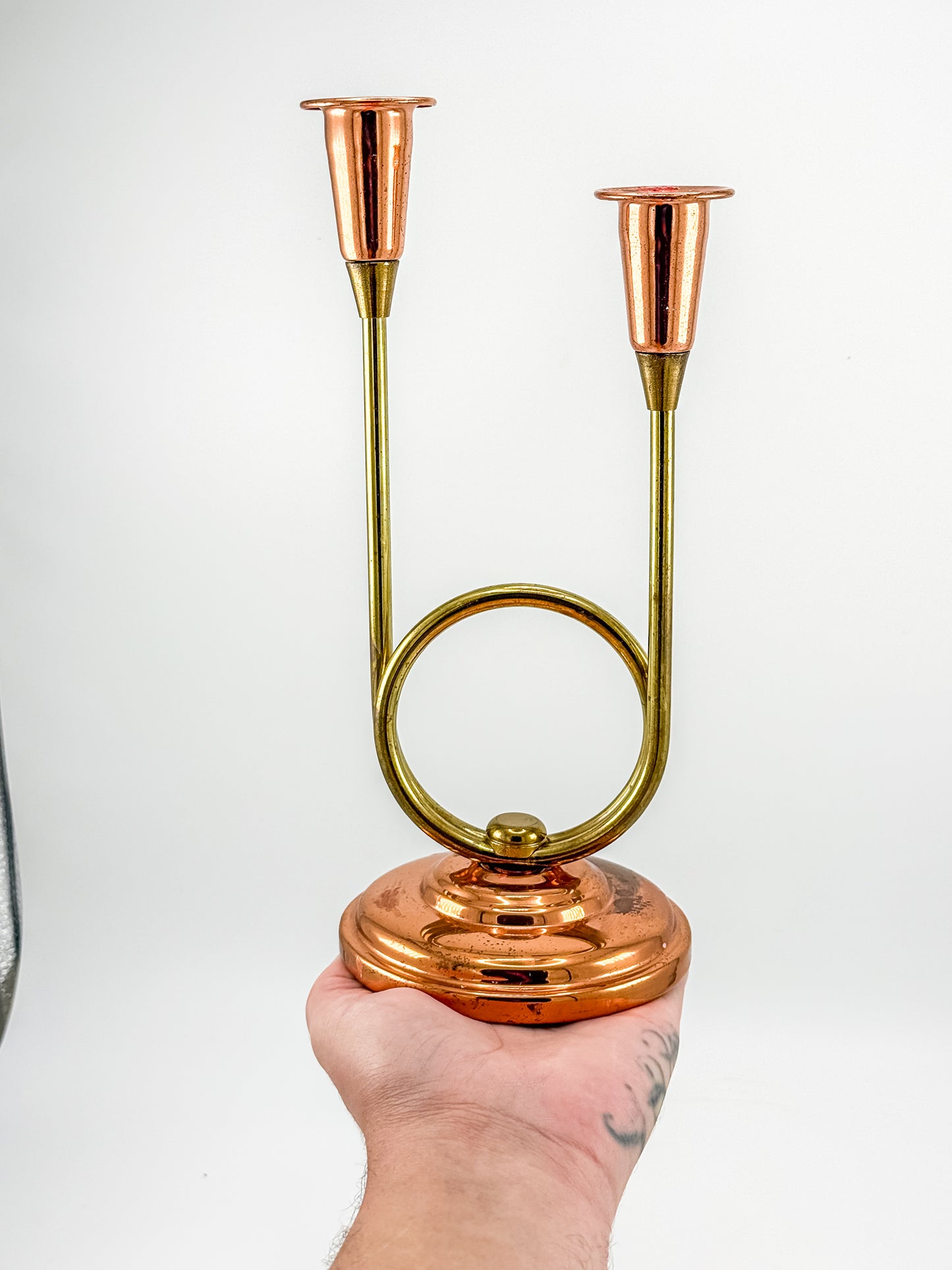 Coppercraft Guild Double Candlestick Holder in Brass and Copper, Mid-Century French Horn Design