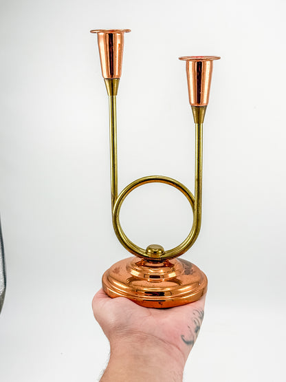 Coppercraft Guild Double Candlestick Holder in Brass and Copper, Mid-Century French Horn Design