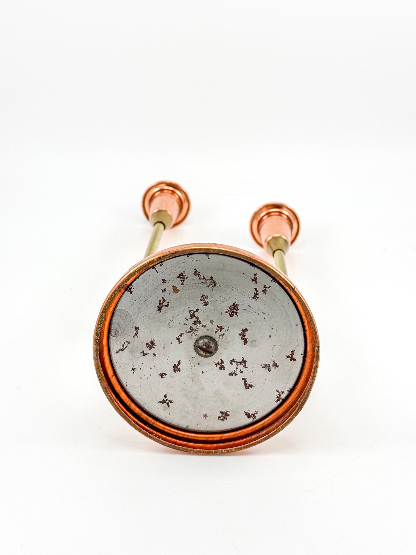 Coppercraft Guild Double Candlestick Holder in Brass and Copper, Mid-Century French Horn Design