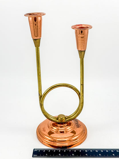 Coppercraft Guild Double Candlestick Holder in Brass and Copper, Mid-Century French Horn Design