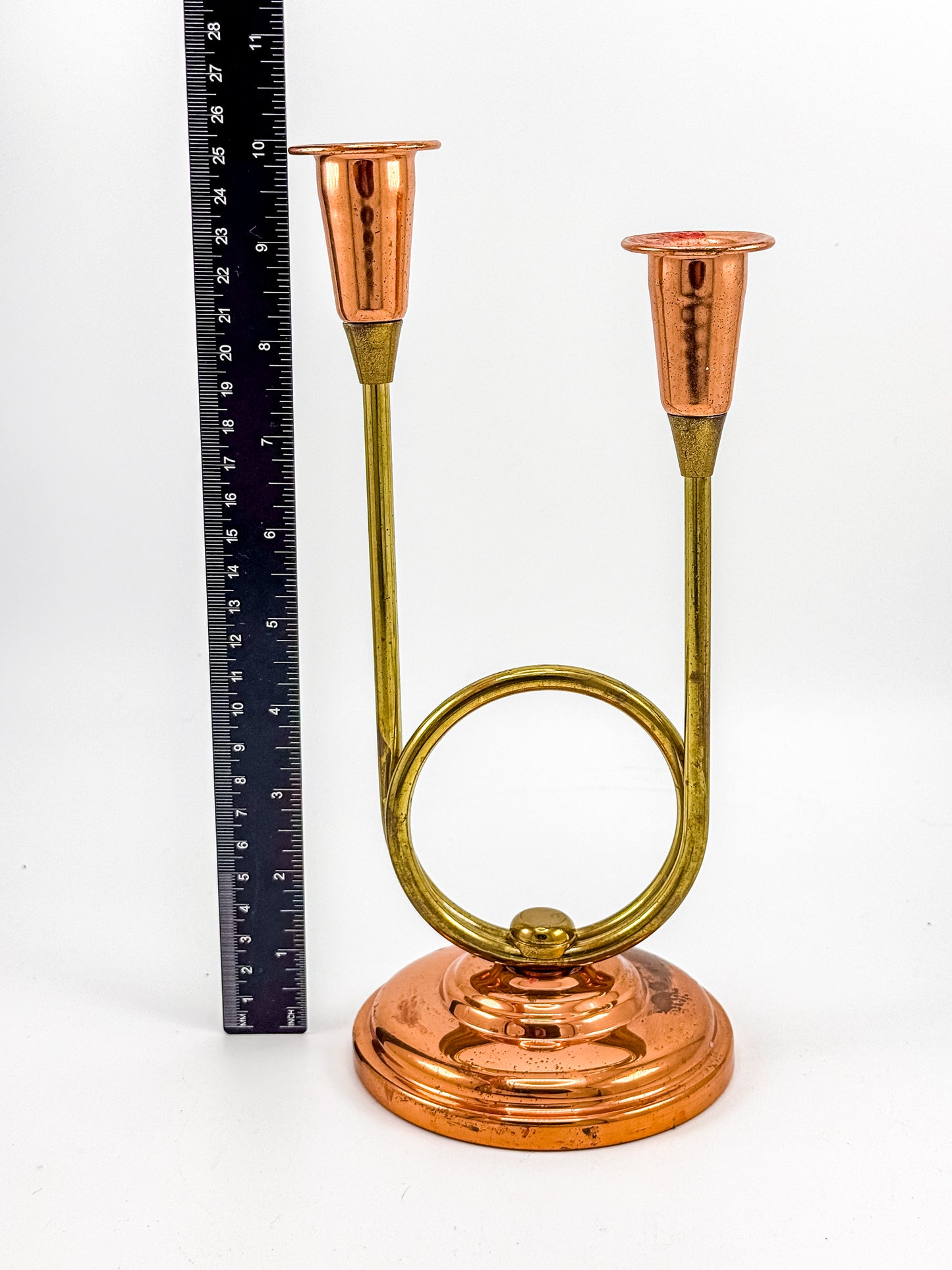 Coppercraft Guild Double Candlestick Holder in Brass and Copper, Mid-Century French Horn Design