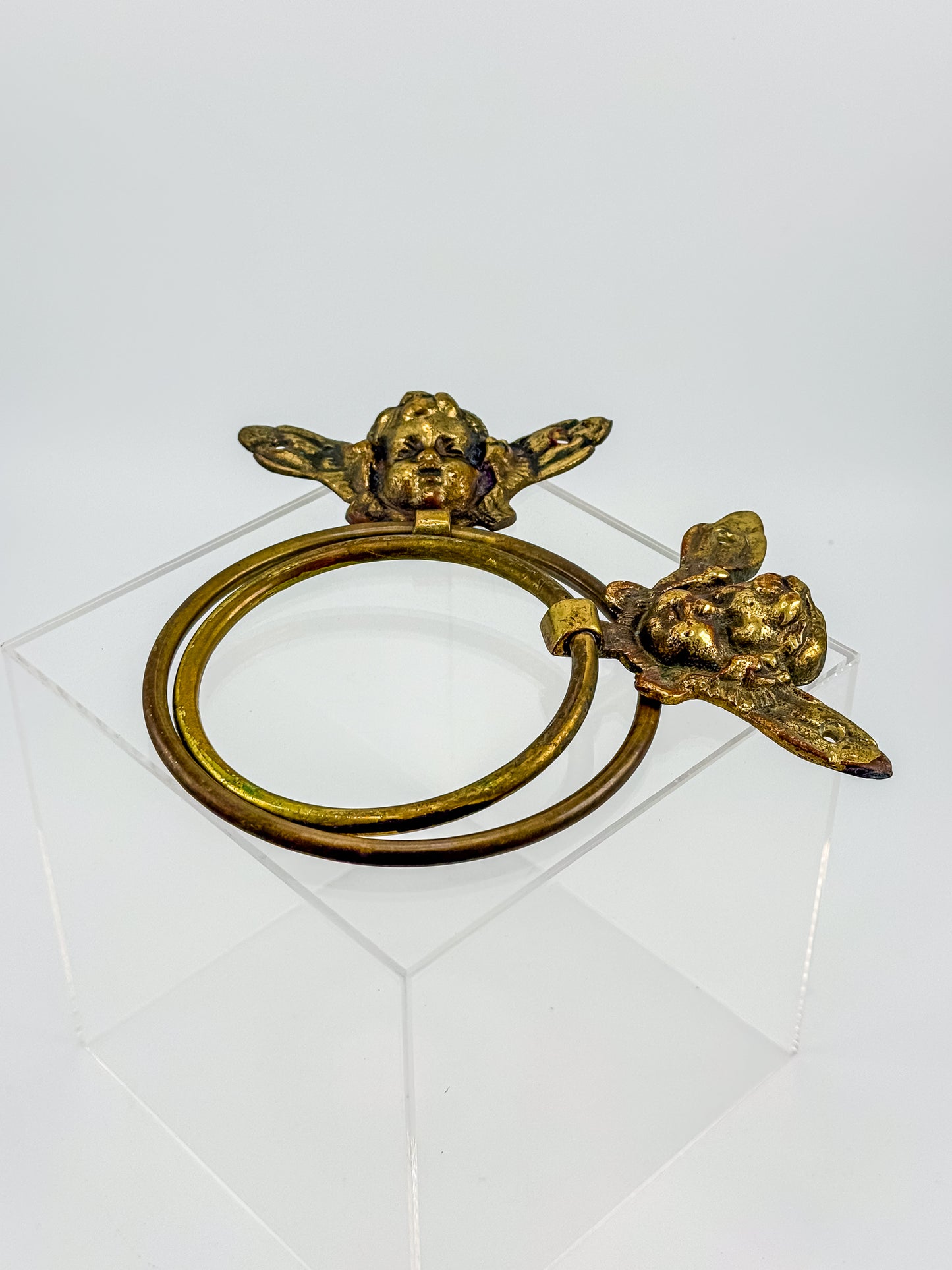 Vintage Brass Cherub Towel Rings with Winged Angel, Set of Two, Two Sizes