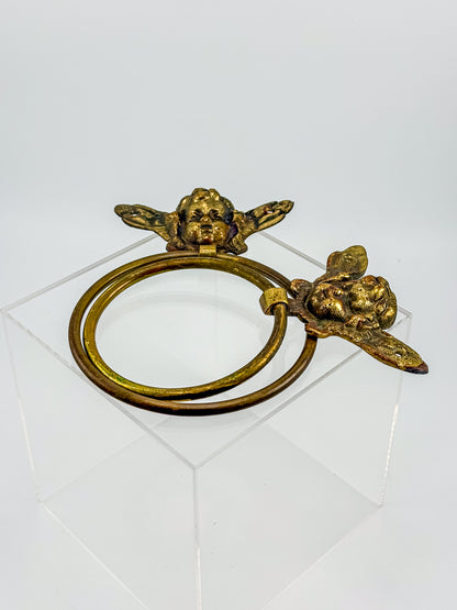 Vintage Brass Cherub Towel Rings with Winged Angel, Set of Two, Two Sizes