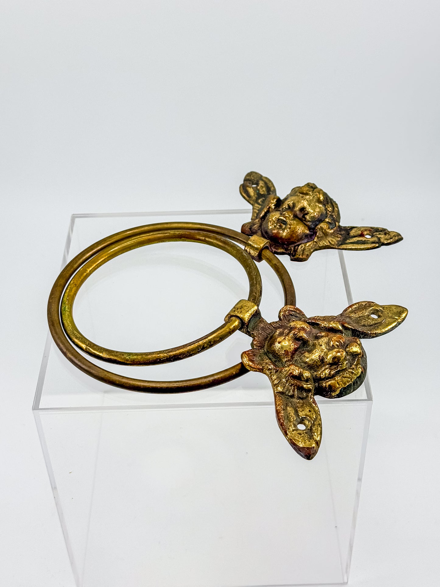 Vintage Brass Cherub Towel Rings with Winged Angel, Set of Two, Two Sizes