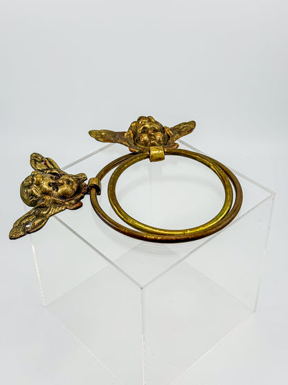 Vintage Brass Cherub Towel Rings with Winged Angel, Set of Two, Two Sizes