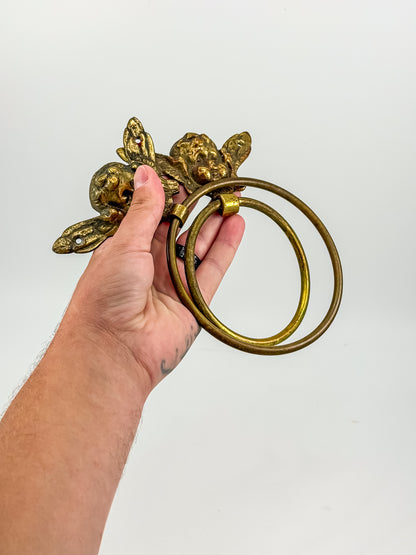 Vintage Brass Cherub Towel Rings with Winged Angel, Set of Two, Two Sizes