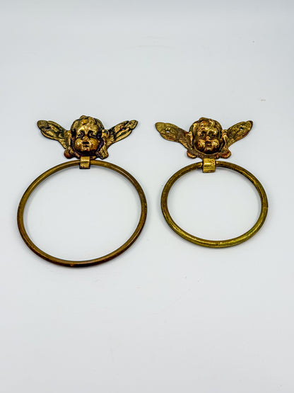 Vintage Brass Cherub Towel Rings with Winged Angel, Set of Two, Two Sizes