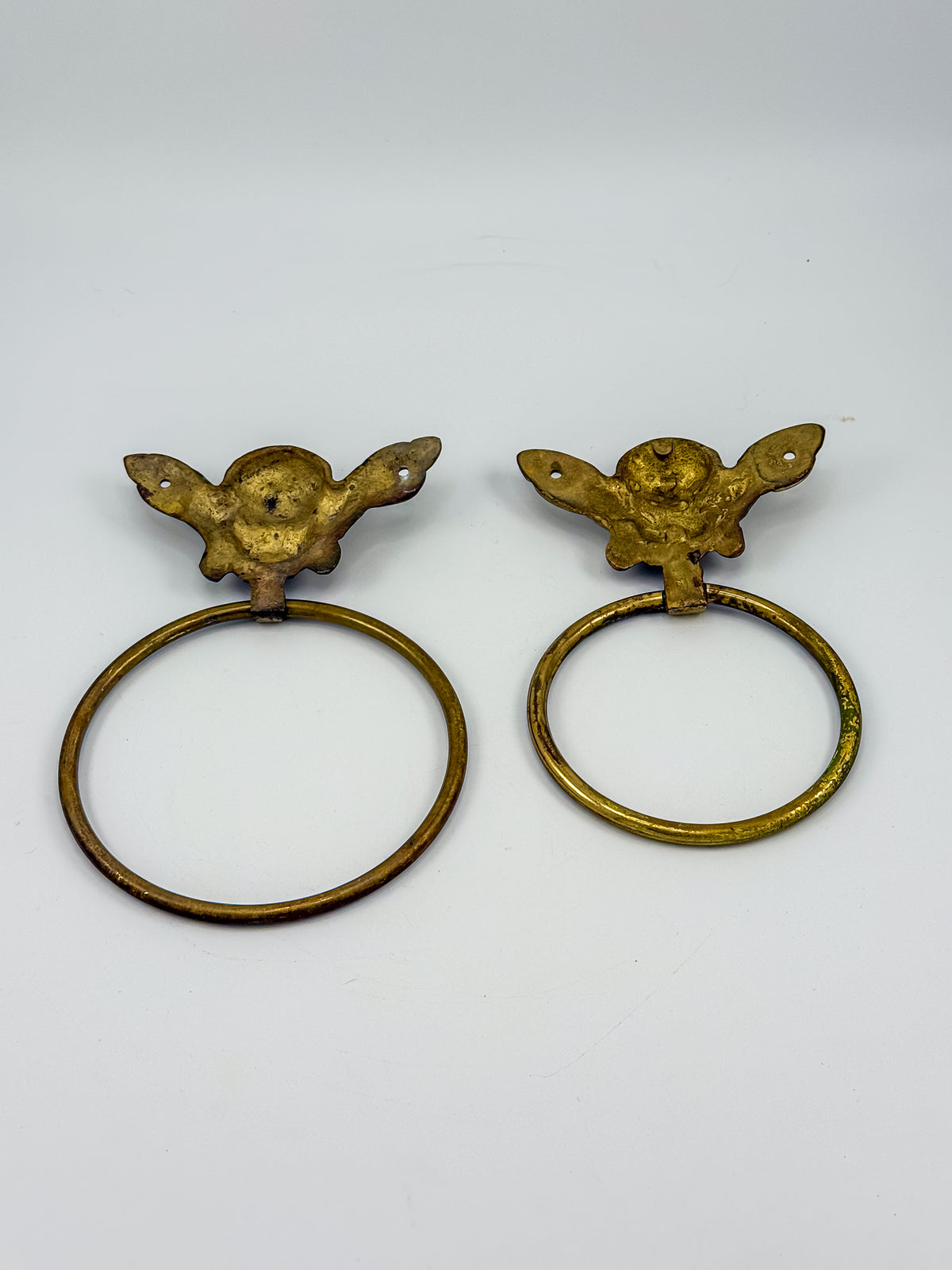 Vintage Brass Cherub Towel Rings with Winged Angel, Set of Two, Two Sizes