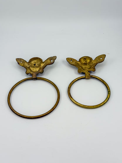 Vintage Brass Cherub Towel Rings with Winged Angel, Set of Two, Two Sizes