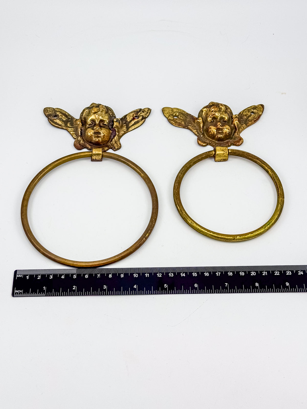 Vintage Brass Cherub Towel Rings with Winged Angel, Set of Two, Two Sizes