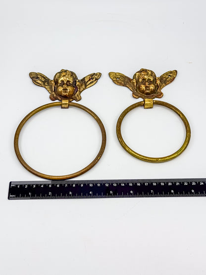 Vintage Brass Cherub Towel Rings with Winged Angel, Set of Two, Two Sizes