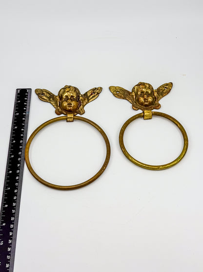 Vintage Brass Cherub Towel Rings with Winged Angel, Set of Two, Two Sizes