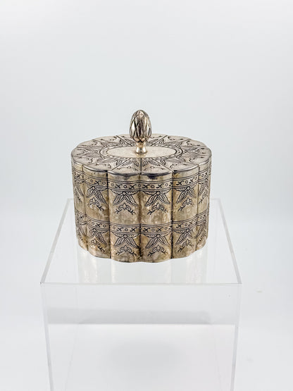 Vintage Silver-Plate Trinket Box with Red Velvet Lining and Hand-Engraved Floral Detail
