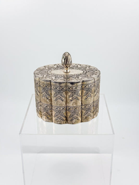 Vintage Silver-Plate Trinket Box with Red Velvet Lining and Hand-Engraved Floral Detail
