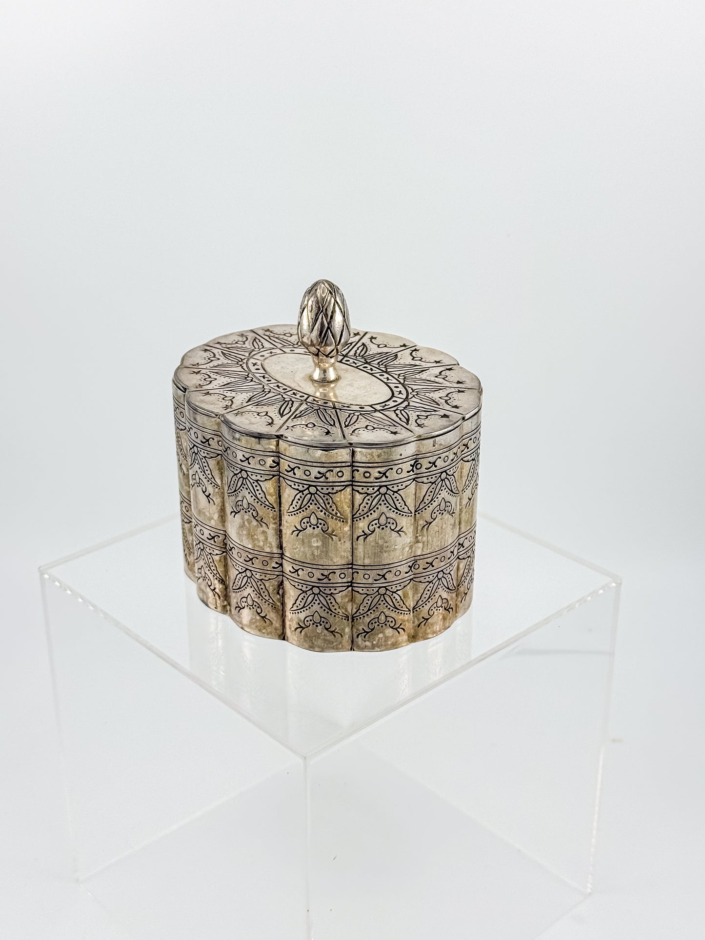 Vintage Silver-Plate Trinket Box with Red Velvet Lining and Hand-Engraved Floral Detail