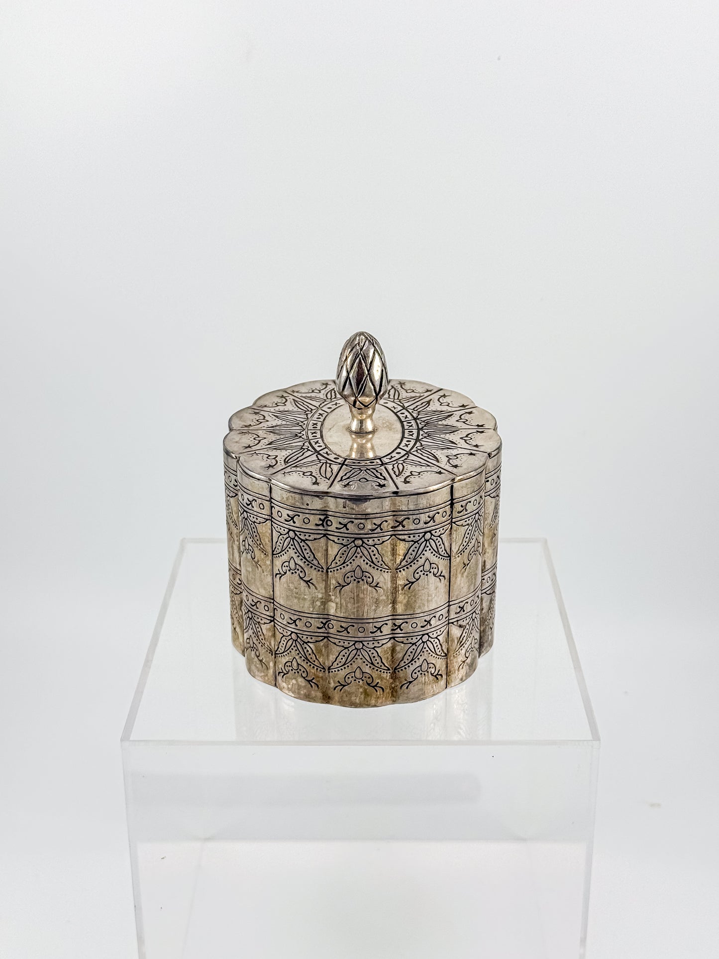 Vintage Silver-Plate Trinket Box with Red Velvet Lining and Hand-Engraved Floral Detail