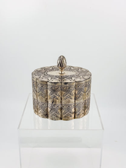 Vintage Silver-Plate Trinket Box with Red Velvet Lining and Hand-Engraved Floral Detail