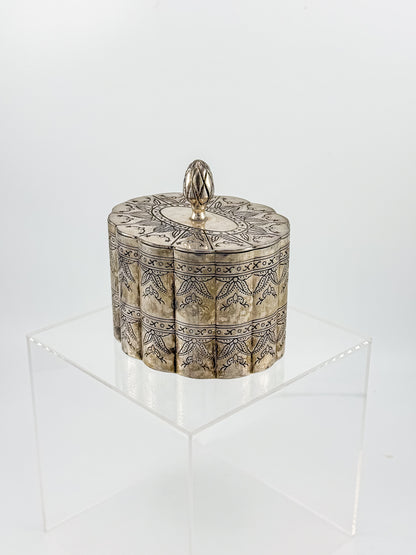 Vintage Silver-Plate Trinket Box with Red Velvet Lining and Hand-Engraved Floral Detail