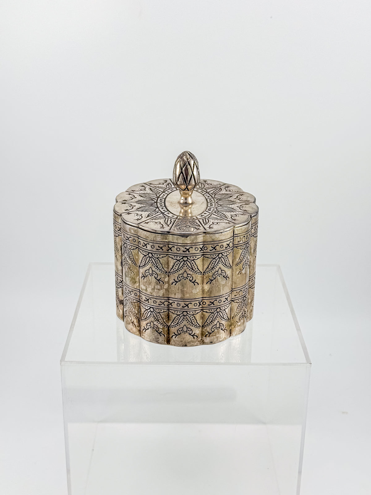 Vintage Silver-Plate Trinket Box with Red Velvet Lining and Hand-Engraved Floral Detail
