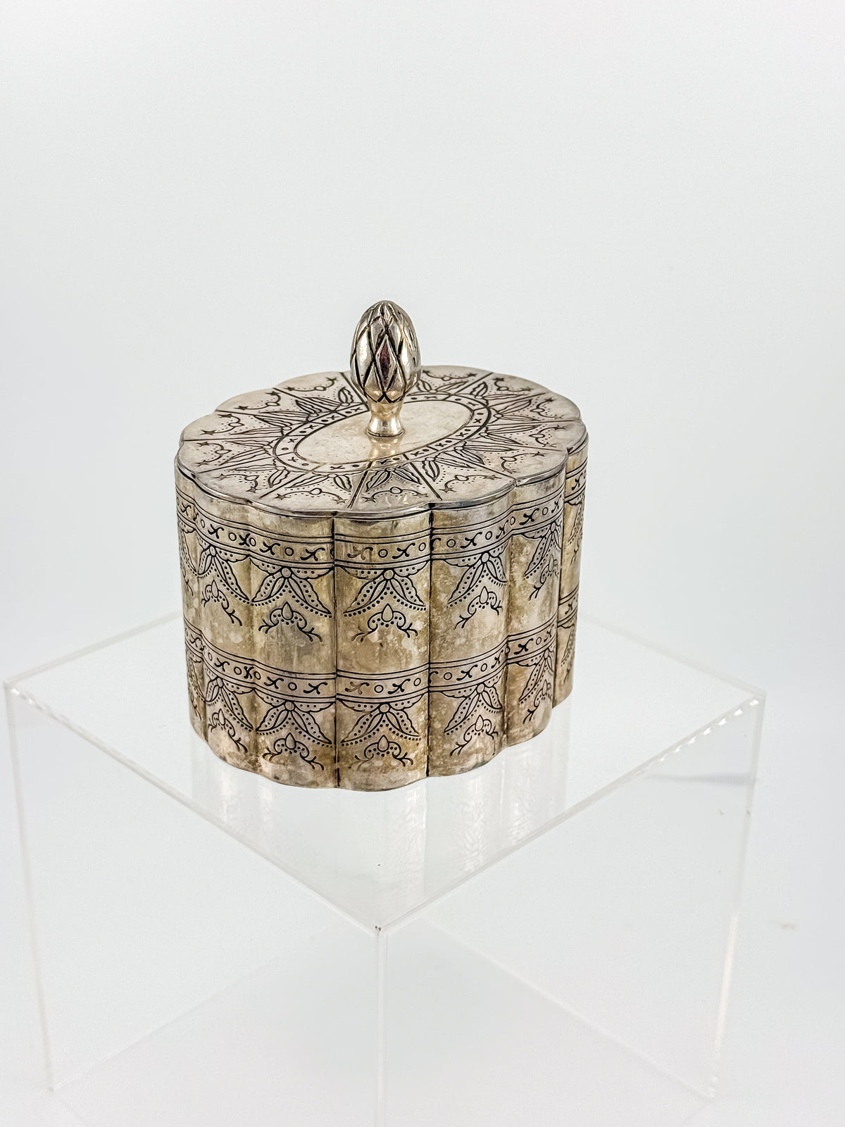 Vintage Silver-Plate Trinket Box with Red Velvet Lining and Hand-Engraved Floral Detail