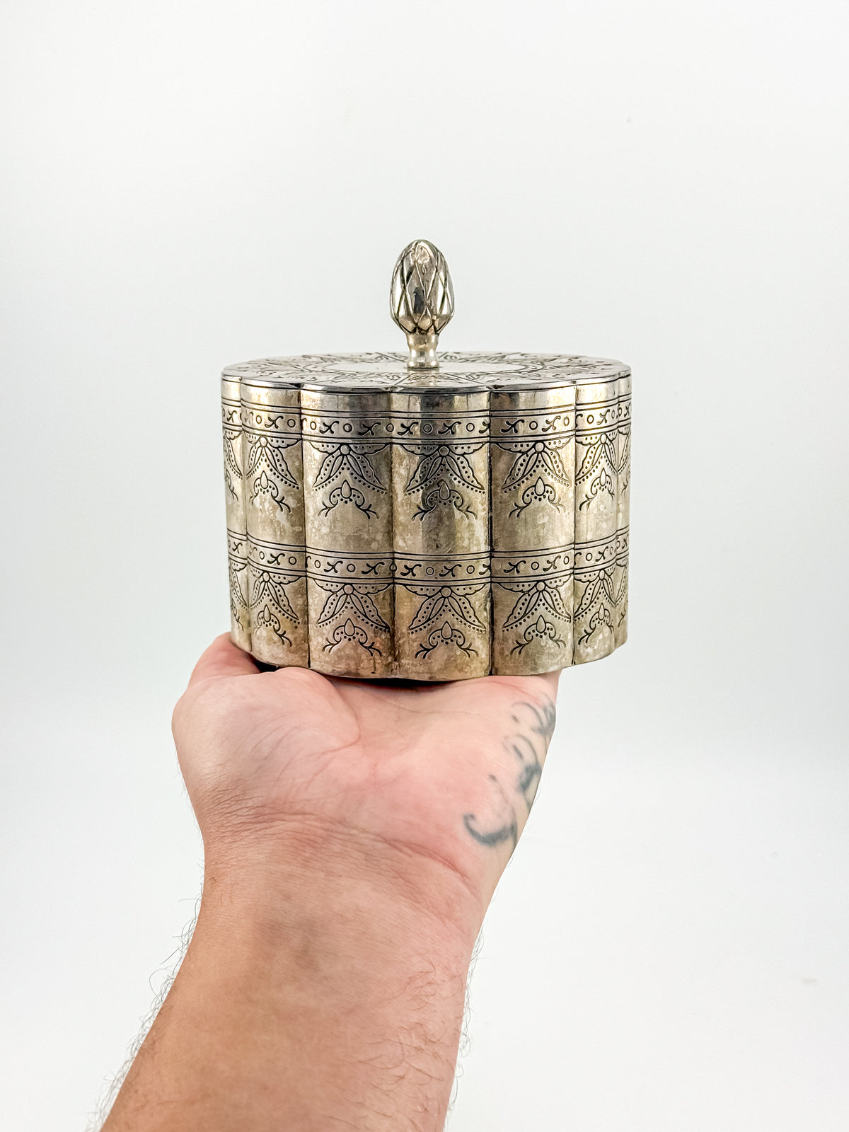 Vintage Silver-Plate Trinket Box with Red Velvet Lining and Hand-Engraved Floral Detail