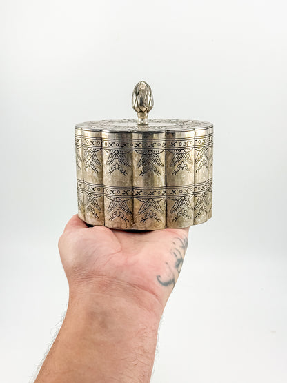Vintage Silver-Plate Trinket Box with Red Velvet Lining and Hand-Engraved Floral Detail