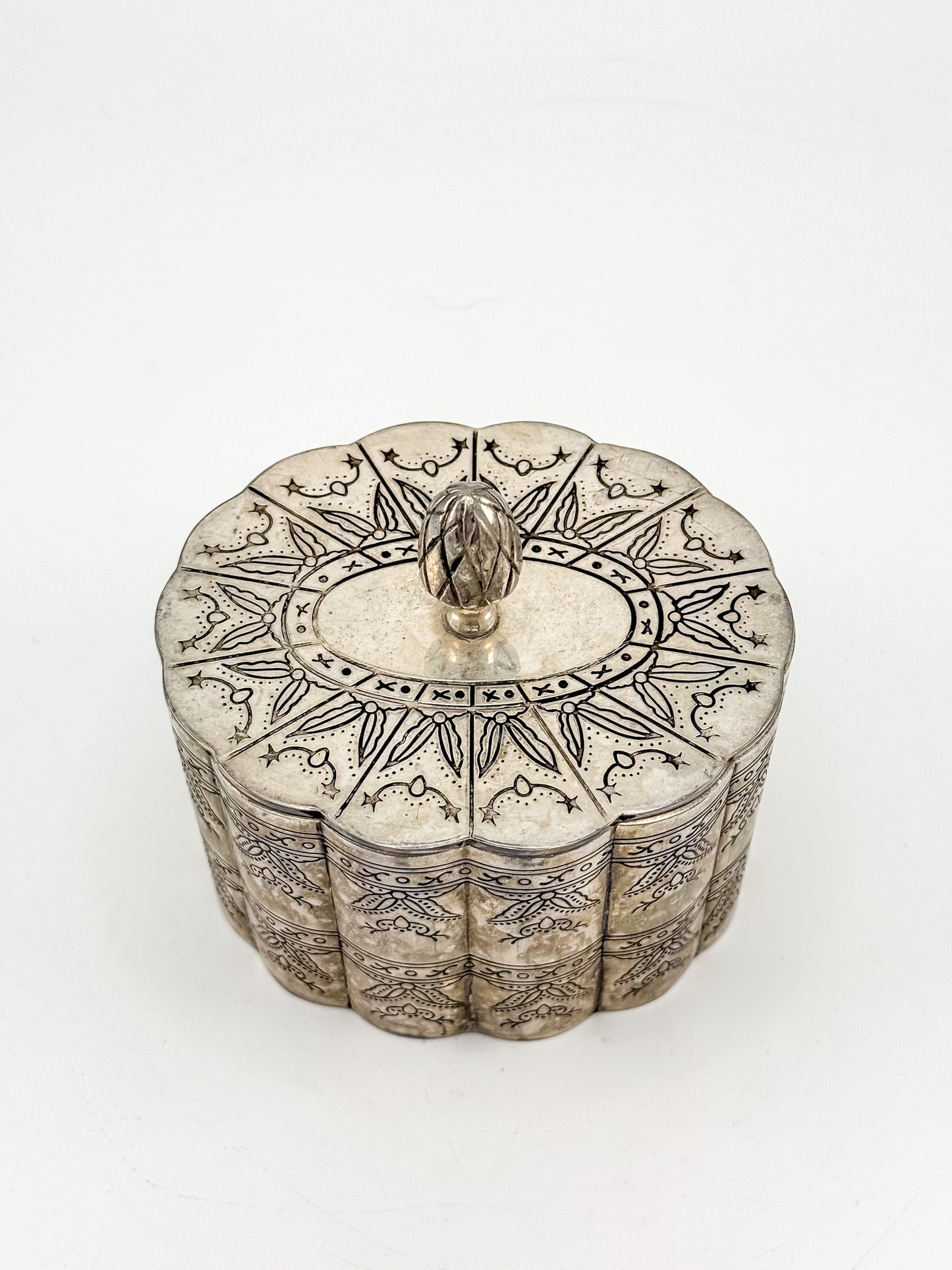 Vintage Silver-Plate Trinket Box with Red Velvet Lining and Hand-Engraved Floral Detail