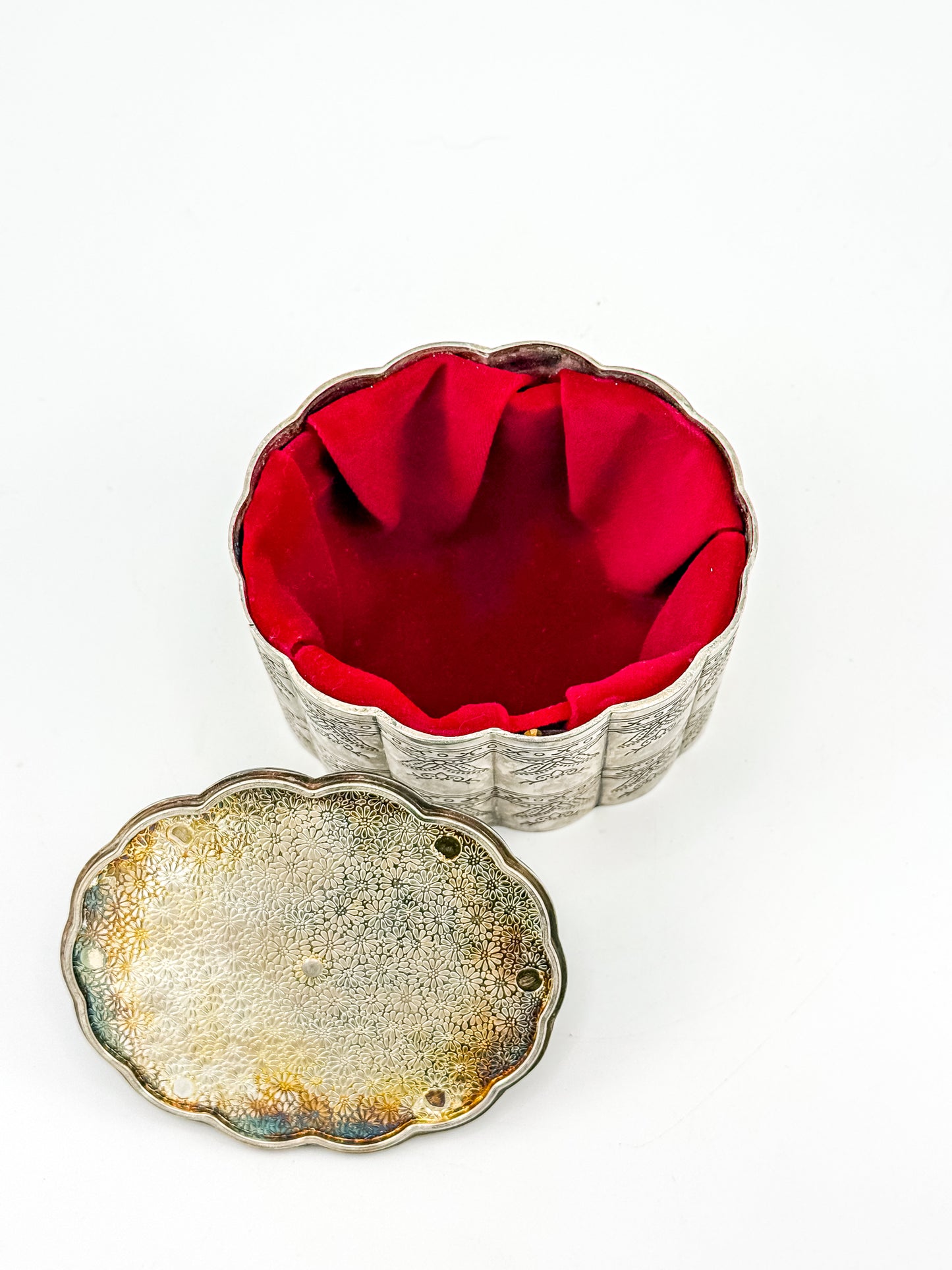 Vintage Silver-Plate Trinket Box with Red Velvet Lining and Hand-Engraved Floral Detail