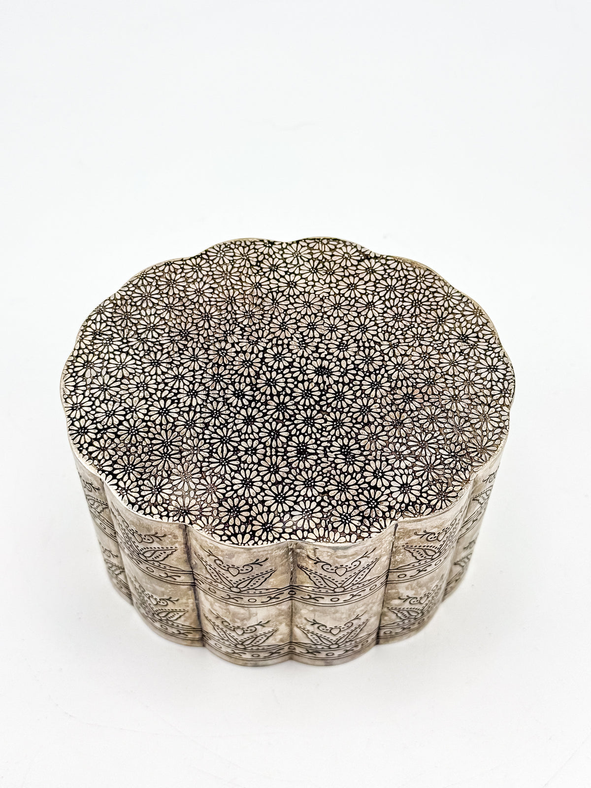 Vintage Silver-Plate Trinket Box with Red Velvet Lining and Hand-Engraved Floral Detail