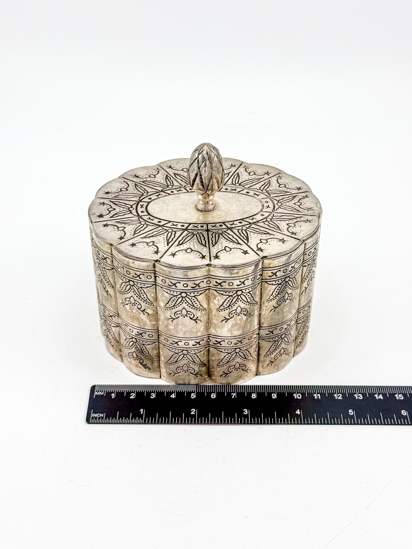 Vintage Silver-Plate Trinket Box with Red Velvet Lining and Hand-Engraved Floral Detail