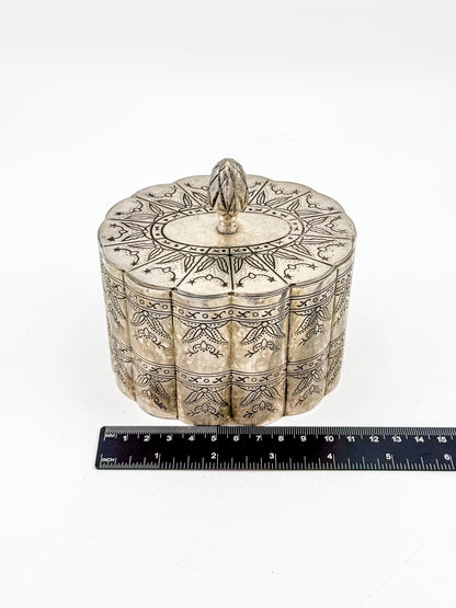 Vintage Silver-Plate Trinket Box with Red Velvet Lining and Hand-Engraved Floral Detail