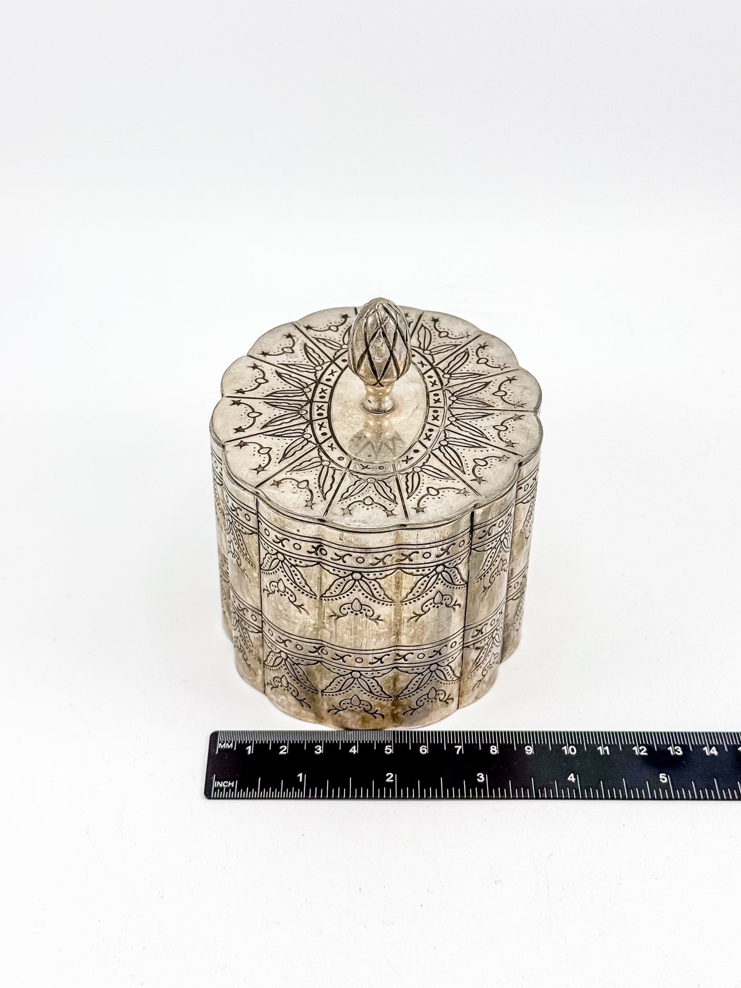 Vintage Silver-Plate Trinket Box with Red Velvet Lining and Hand-Engraved Floral Detail