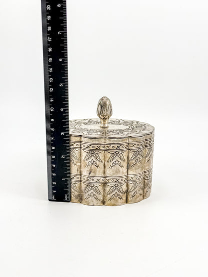 Vintage Silver-Plate Trinket Box with Red Velvet Lining and Hand-Engraved Floral Detail