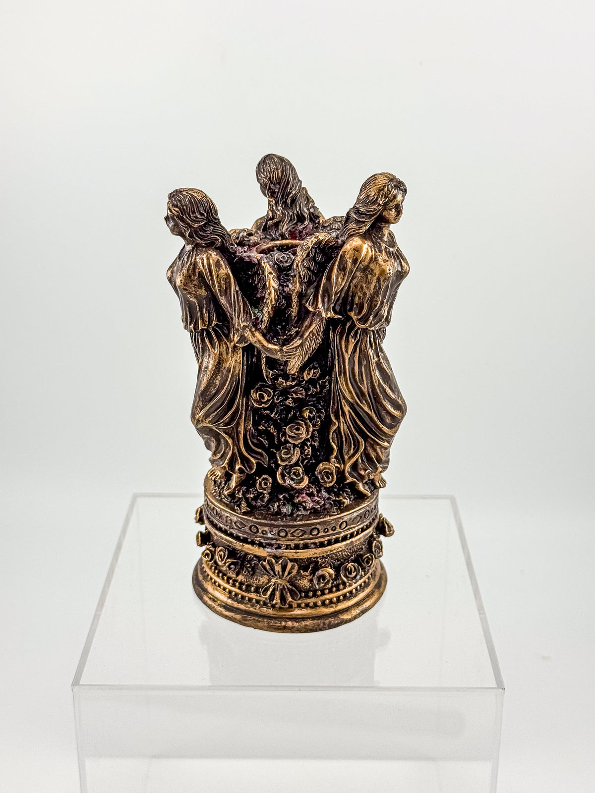 Three Graces Figural Resin Taper Candle Holder with Bronze Patina Finish, Classical Decor