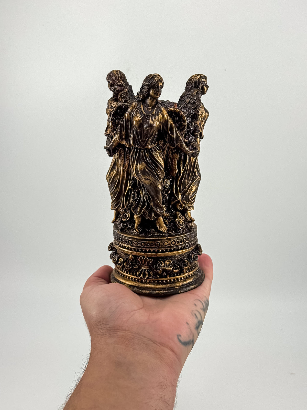 Three Graces Figural Resin Taper Candle Holder with Bronze Patina Finish, Classical Decor