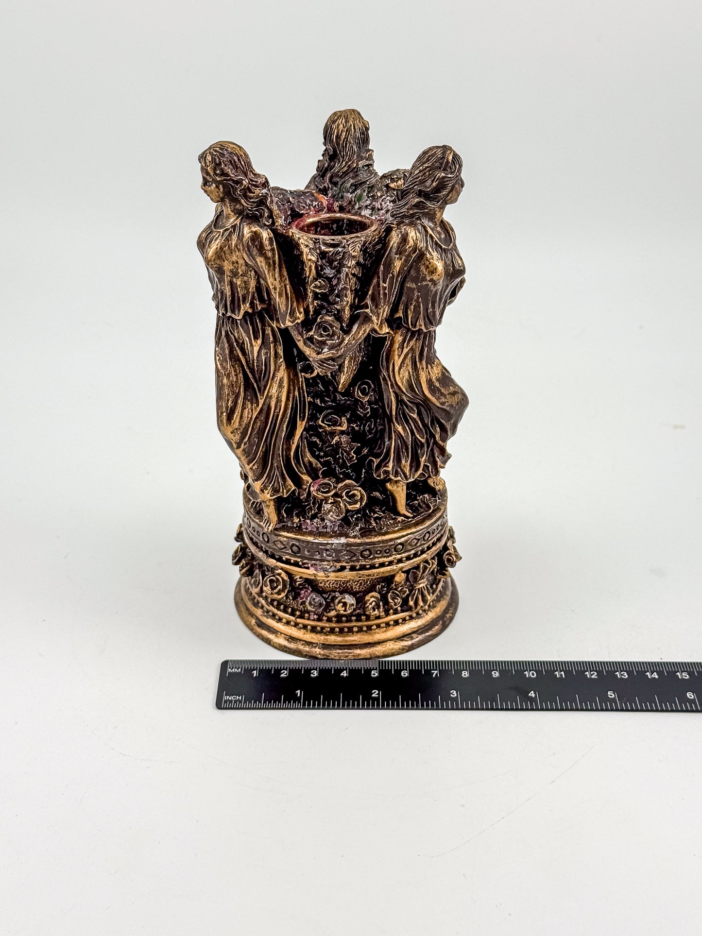 Three Graces Figural Resin Taper Candle Holder with Bronze Patina Finish, Classical Decor