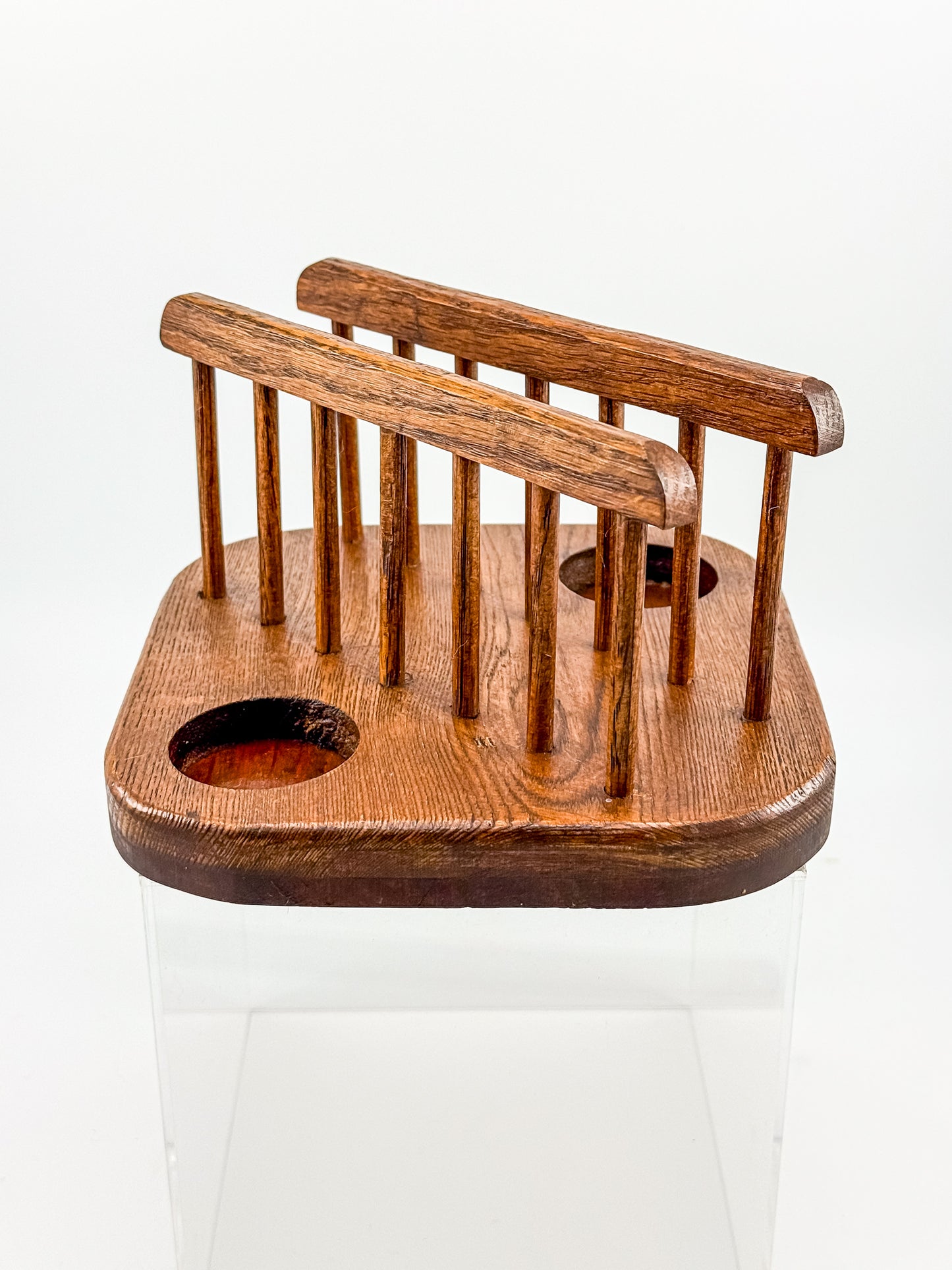 Vintage Mid-Century Modern Wood Napkin Holder and Salt Pepper Caddy with Spindle Rails