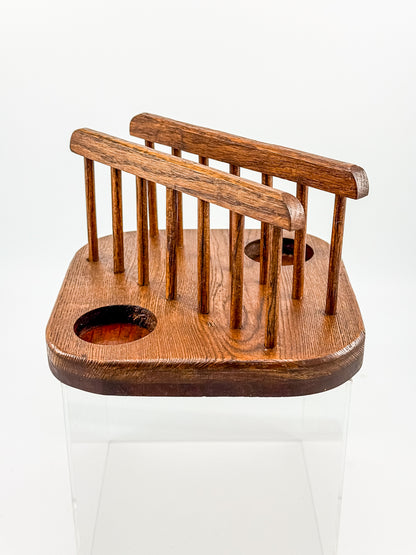 Vintage Mid-Century Modern Wood Napkin Holder and Salt Pepper Caddy with Spindle Rails