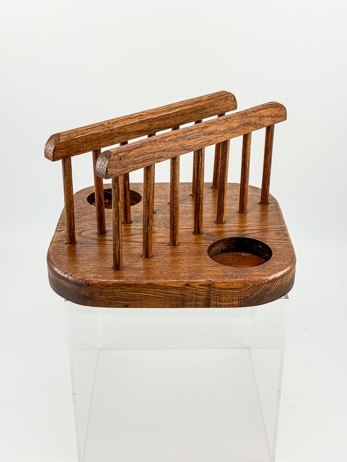 Vintage Mid-Century Modern Wood Napkin Holder and Salt Pepper Caddy with Spindle Rails