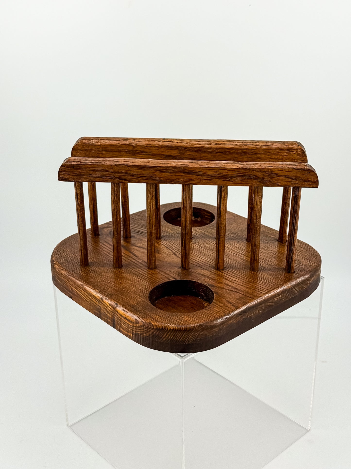 Vintage Mid-Century Modern Wood Napkin Holder and Salt Pepper Caddy with Spindle Rails