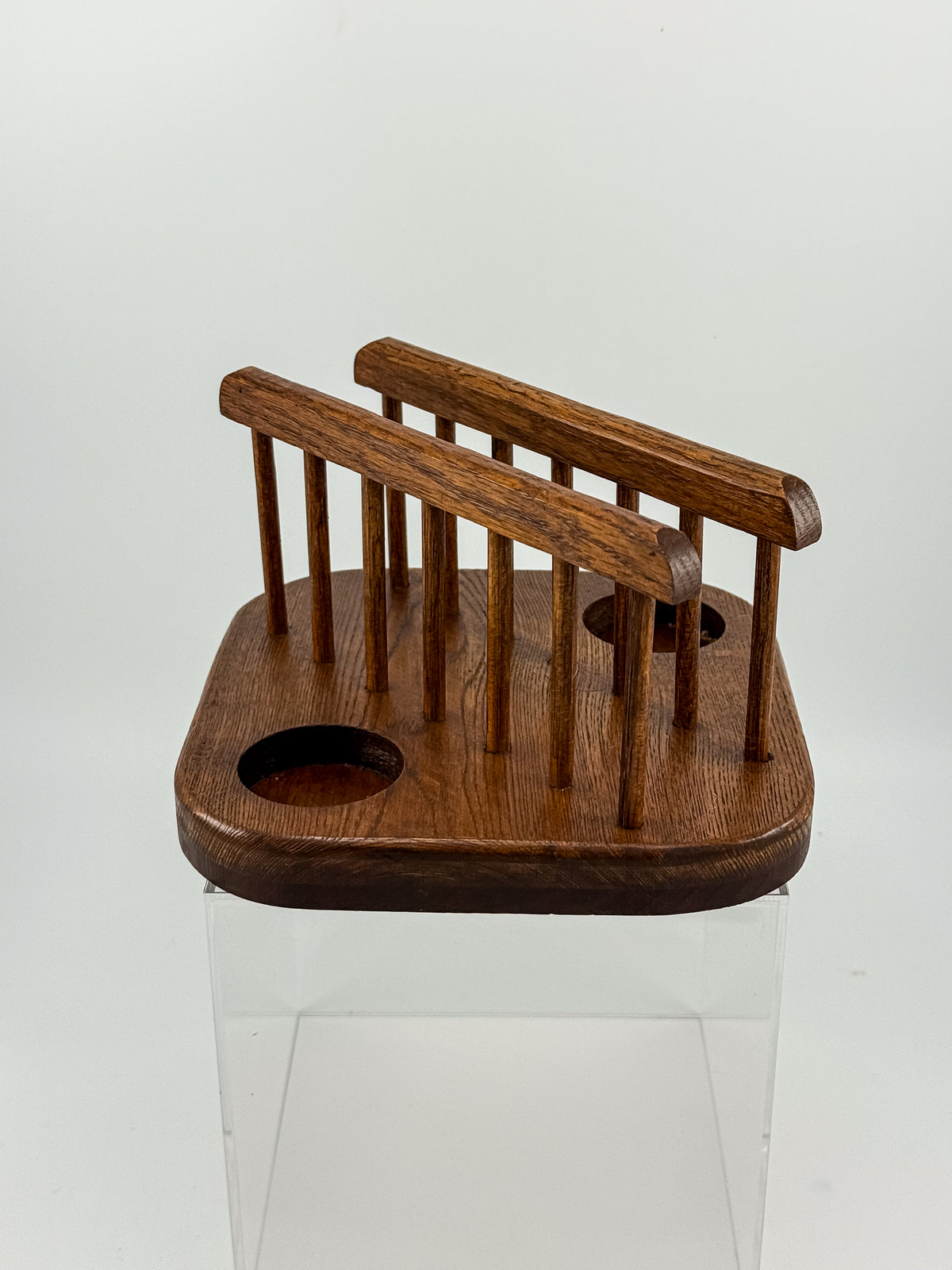 Vintage Mid-Century Modern Wood Napkin Holder and Salt Pepper Caddy with Spindle Rails