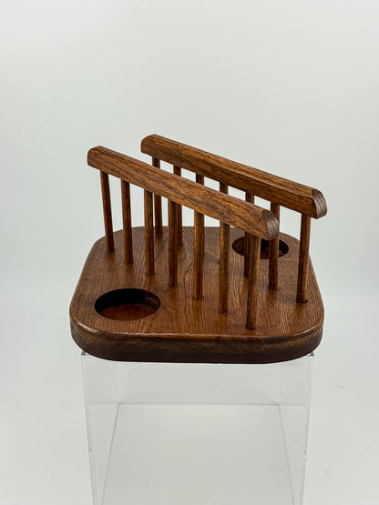 Vintage Mid-Century Modern Wood Napkin Holder and Salt Pepper Caddy with Spindle Rails