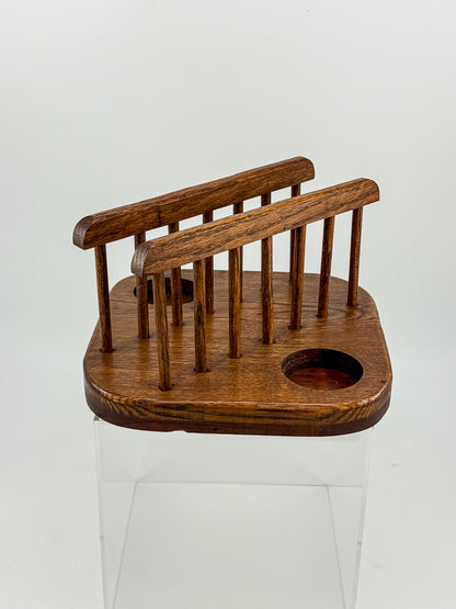 Vintage Mid-Century Modern Wood Napkin Holder and Salt Pepper Caddy with Spindle Rails