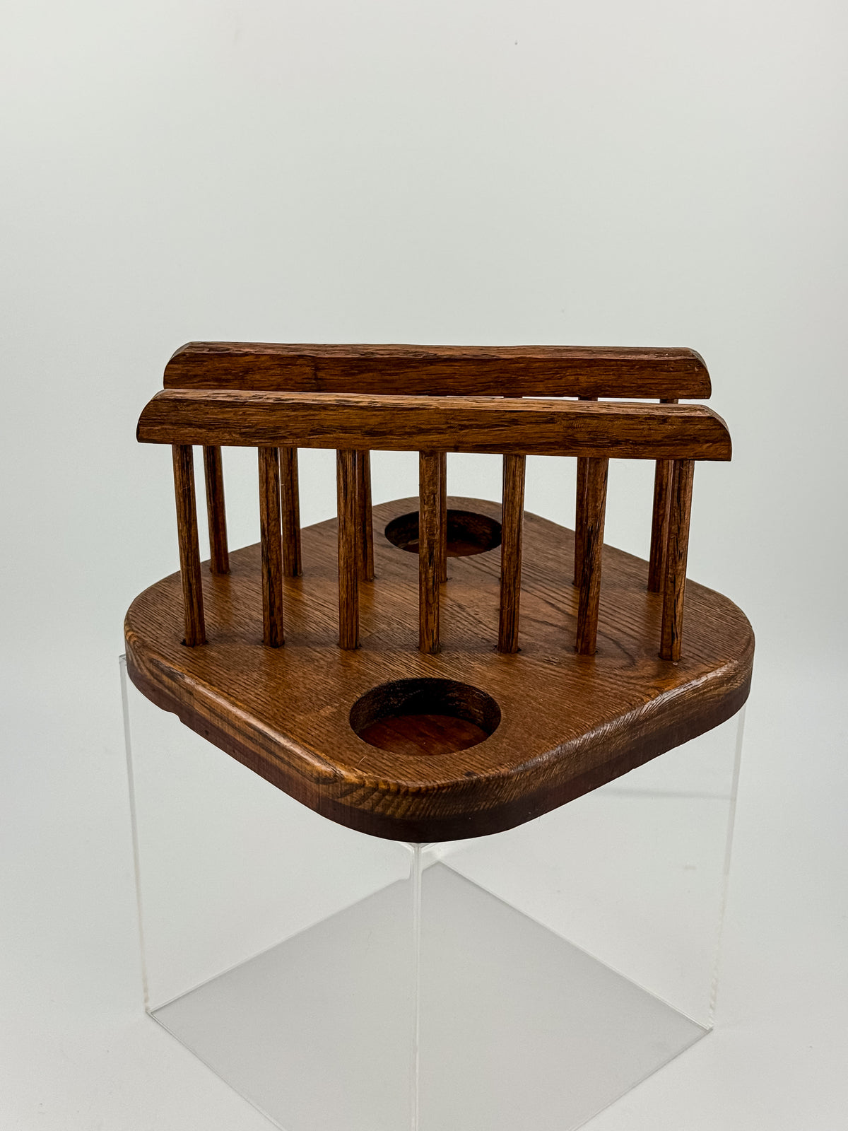 Vintage Mid-Century Modern Wood Napkin Holder and Salt Pepper Caddy with Spindle Rails