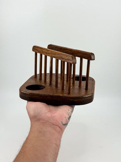 Vintage Mid-Century Modern Wood Napkin Holder and Salt Pepper Caddy with Spindle Rails