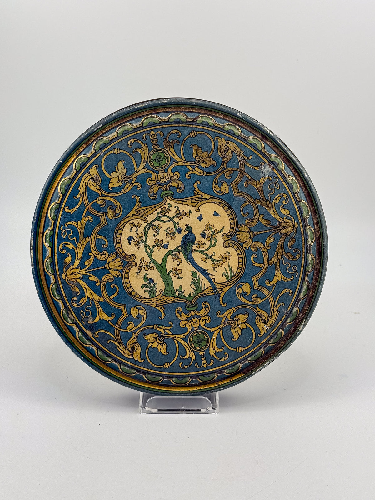 Vintage Beautebox CANCO Round Tin Box with Baroque Gold Scroll & Peacock, 9.5" Diameter